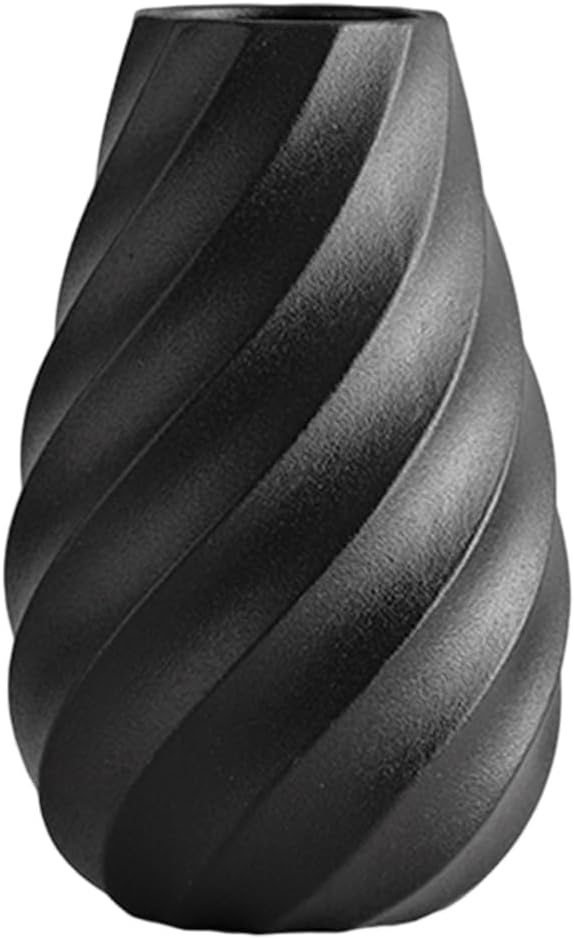 Czarny ceramiczny wazon z teksturowanym, spiralnym wzorem, idealny do nowoczesnych, minimalistycznych, boho wnętrz, idealny na suszone kwiaty - 20 cm