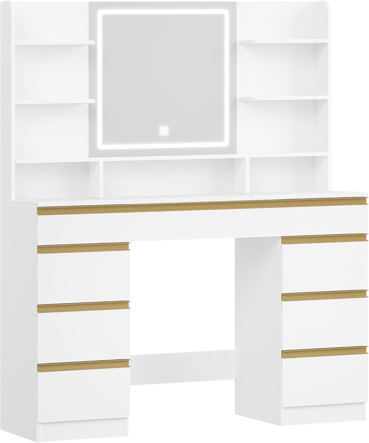 Grande Coiffeuse avec Éclairage LED, 3 Couleurs, Luminosité Réglable, Miroir, 9 Tiroirs, 9 Étagères Ouvertes, Blanc-Or - 8