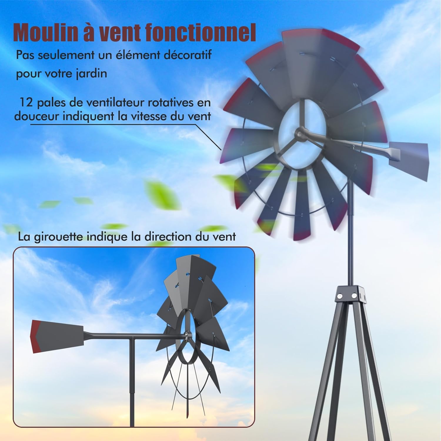 Moulin à Vent Géant de Jardin 253 cm, Moulin à Vent Ornemental en Métal Tout Temps (Gris) - 3