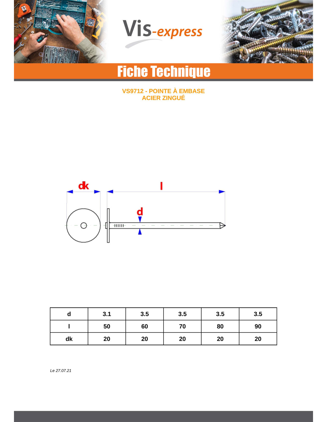 Kg de pointes Embase collerette ronde Diamètre de tête: 20 Acier zingué 3.1X50-3 pièces - 3