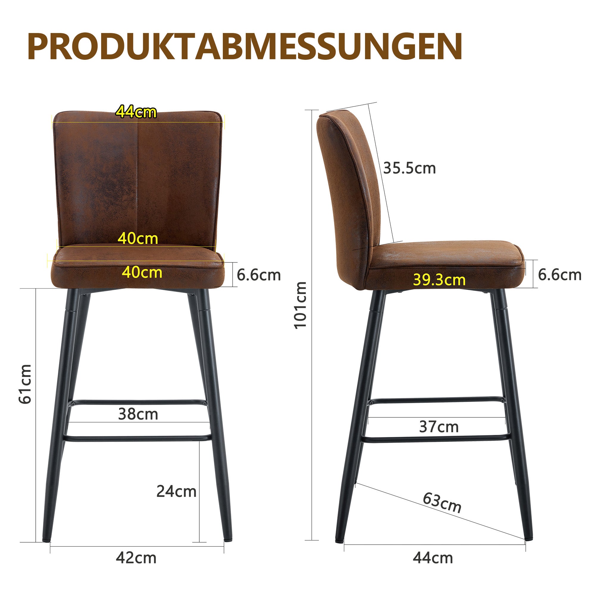 Lot de 2 Tabourets de Bar Marron Ergonomiques Chaise Haute de Cuisine 44x44x101 cm en Tissu Technique pour Îlot de Cuisine et Comptoir Moderne brun - 4