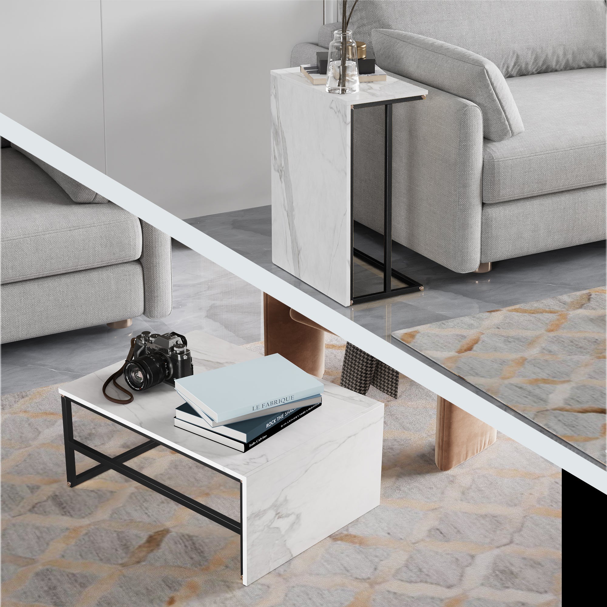 Lot de 2 Tables Basses Gigognes Rectangulaire, Table d'appoint avrc Rangement Table de Canapé avec Aspect Marbre pour Salon, Chambre, Bureau - 6
