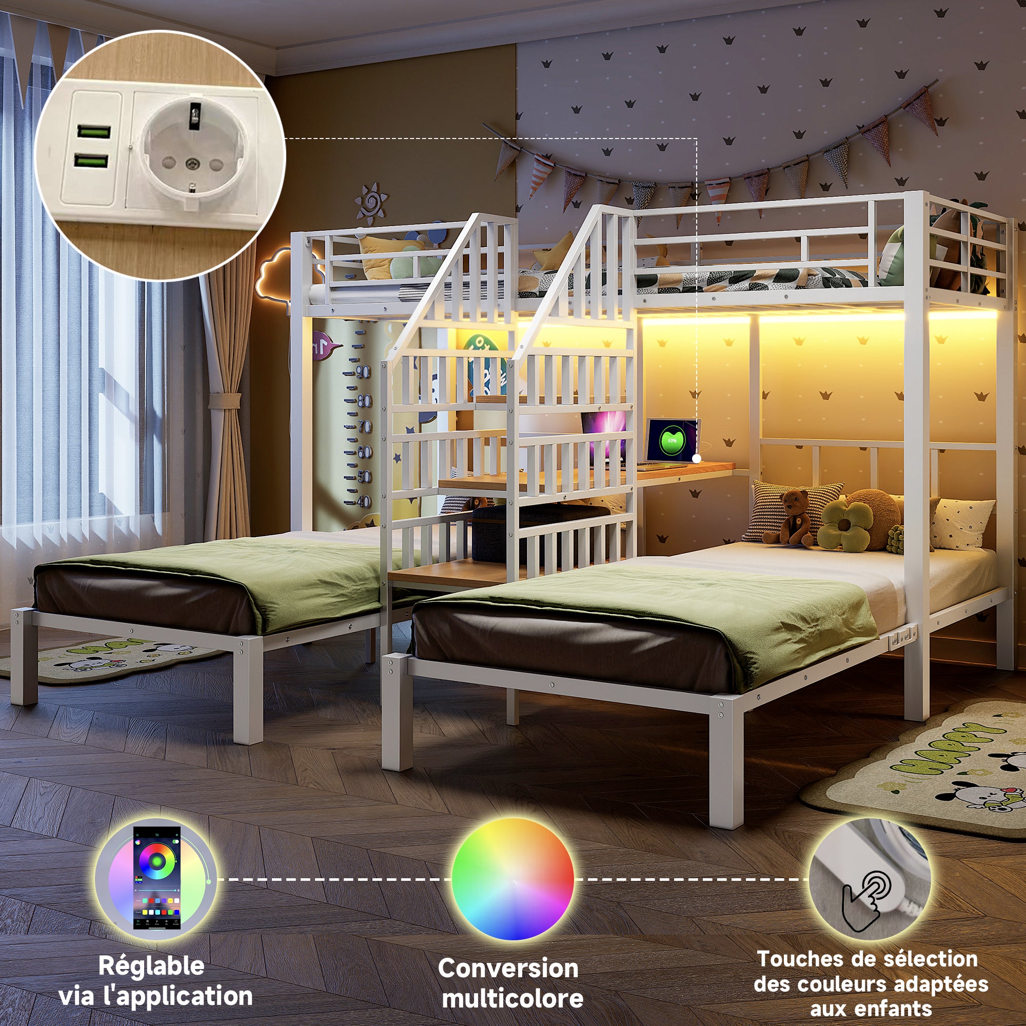 Lit Superposé 3 Places 90x200 cm avec Bureau et Étagères, Lit Triple Métal MDF Blanc, LED USB Prise Intégrées, Échelle Rangement,Sans Matelas - 5