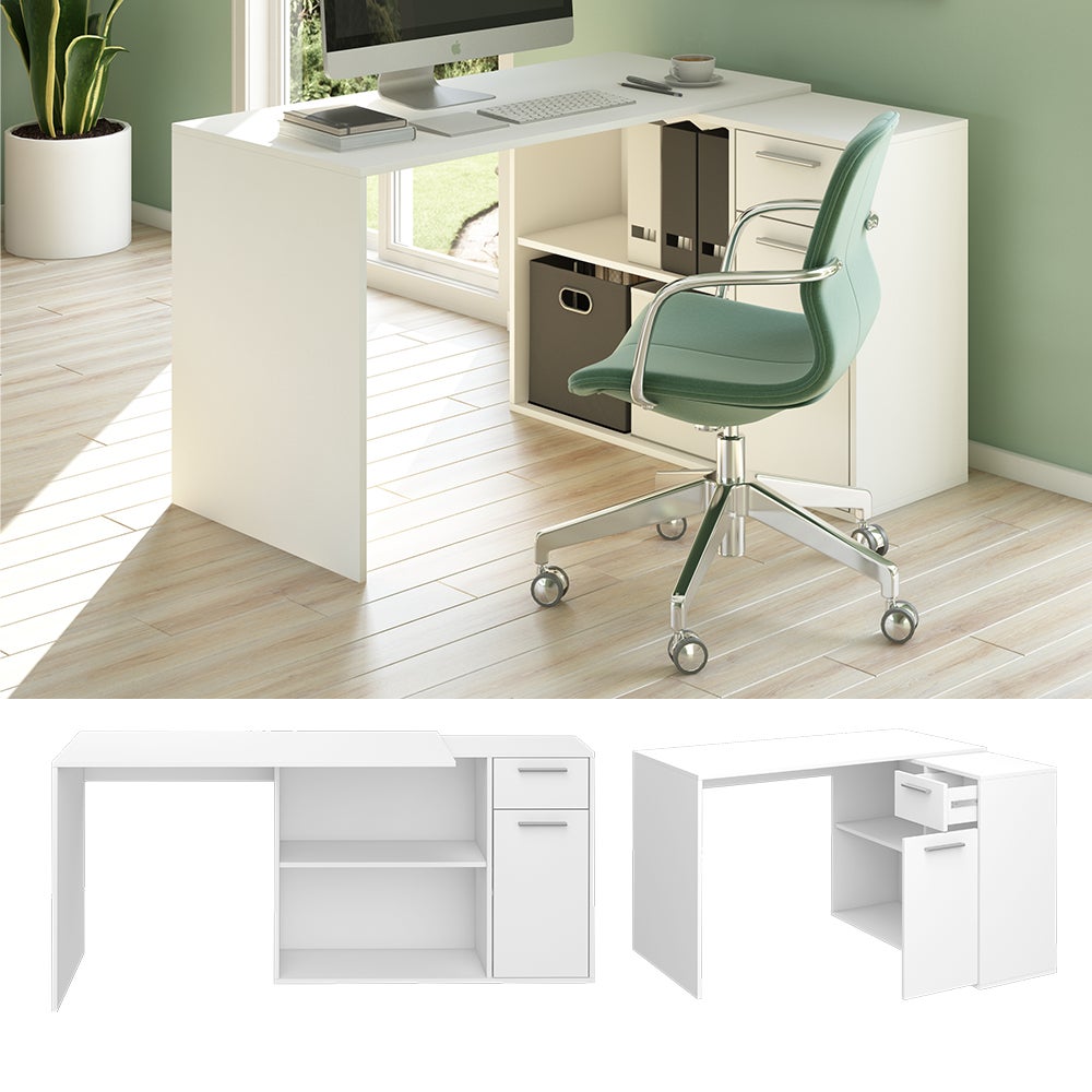 Bureau Vicco Ruben Blanc Mat – 140x65 Cm, Avec Placard Et Tiroirs, Pour Bureau Ou étude