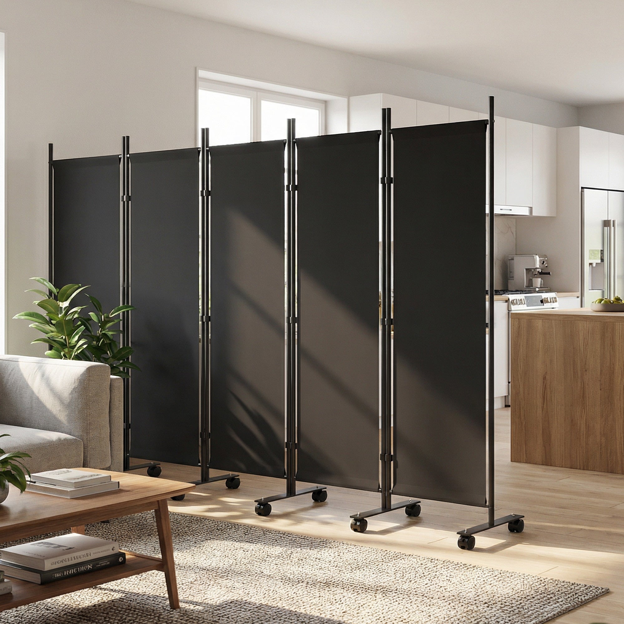 Écran pliant 5 panneaux, 12 roues, 252x170 cm, séparateur pièce personnalisé, noir - 6