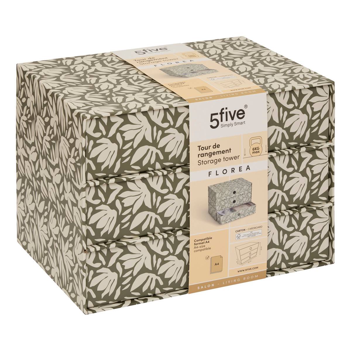 Tour rangement 3 tiroirs Florea motif fleuri vert laurier - 5five - 2