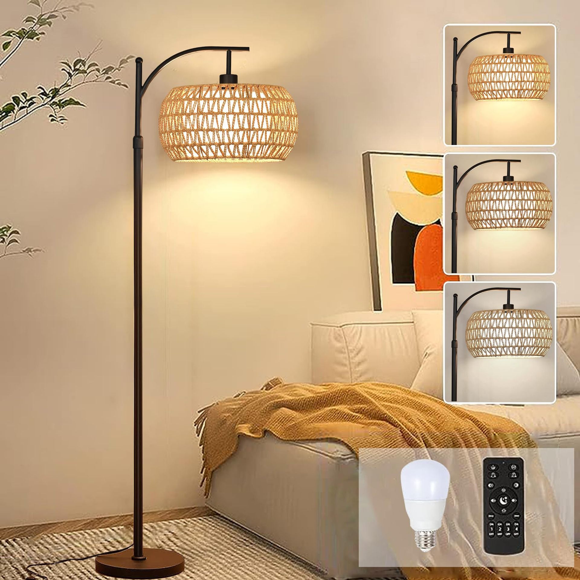 Lampada Da Terra Ad Arco Eyassi In Rattan Dorato Con Telecomando E Lampadina Dimmerabile - Regolabile In Altezza Per Soggiorno