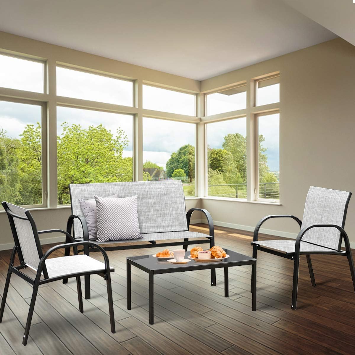 Ensemble de Salon de Jardin en Textilène 4 Personnes, 1 Table Basse en Verre +1 Canapé +2 Fauteuils, GIANTEX - 2