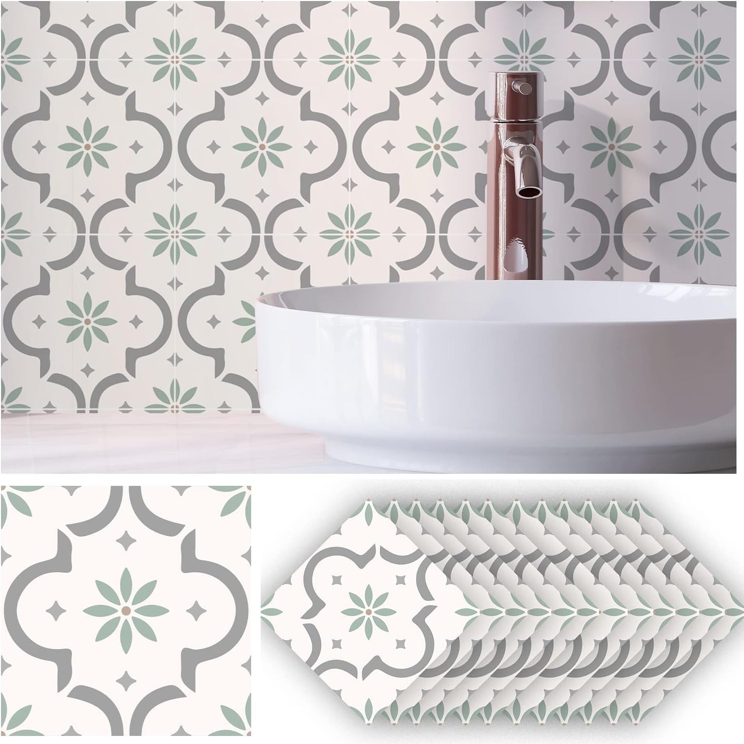 10 azulejos de pared autoadhesivos de 15 x 15 cm, diseño de flores verde claro y blanco para cocina, adhesivos para azulejos impermeables.