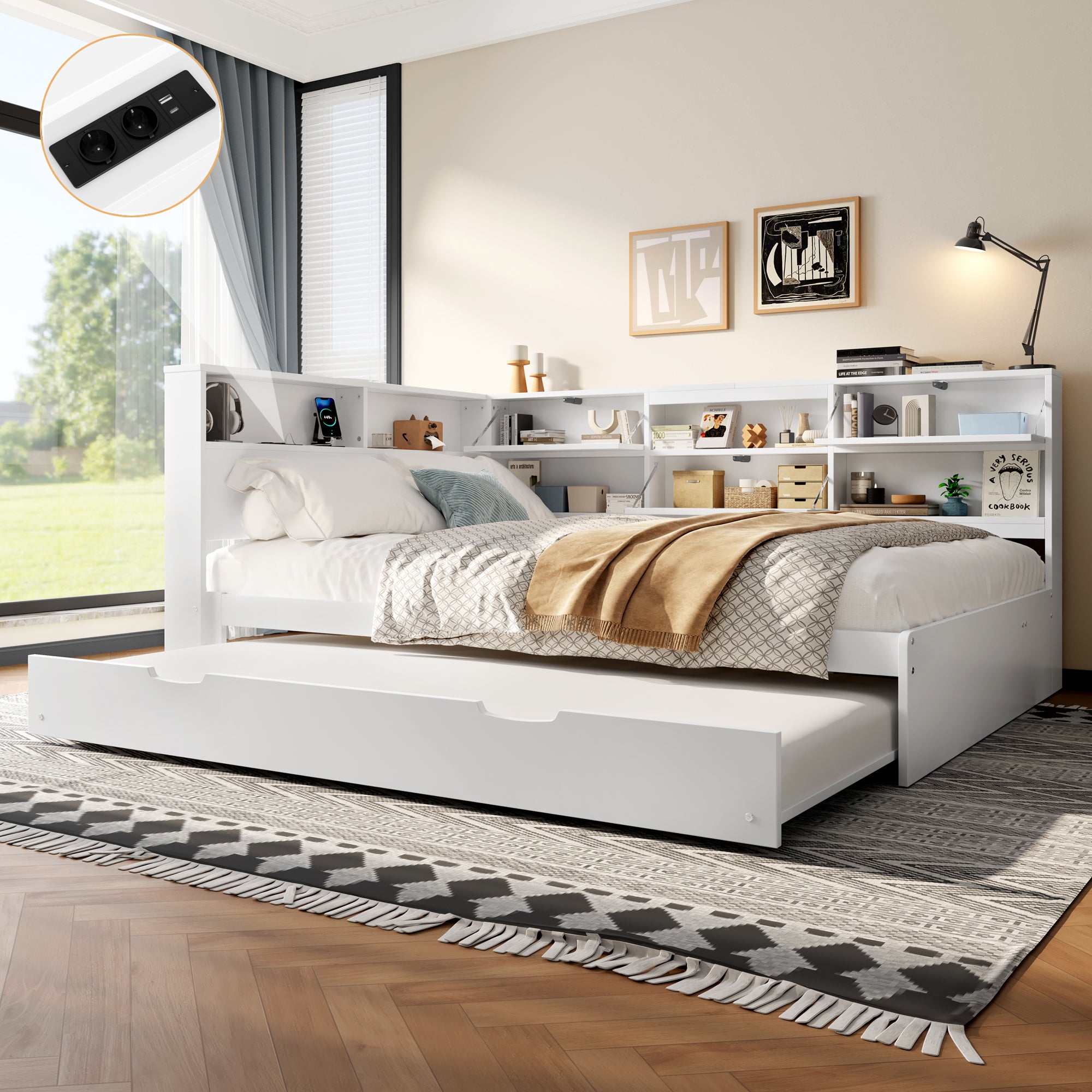 Daybett-sofa lit 140x200 cm - Głowa łóżka z szufladą - Wyrównane łóżko rolkowe 90x190 cm - Z drewna sosnowego masywnego + MDF - Biały - Bez materaca