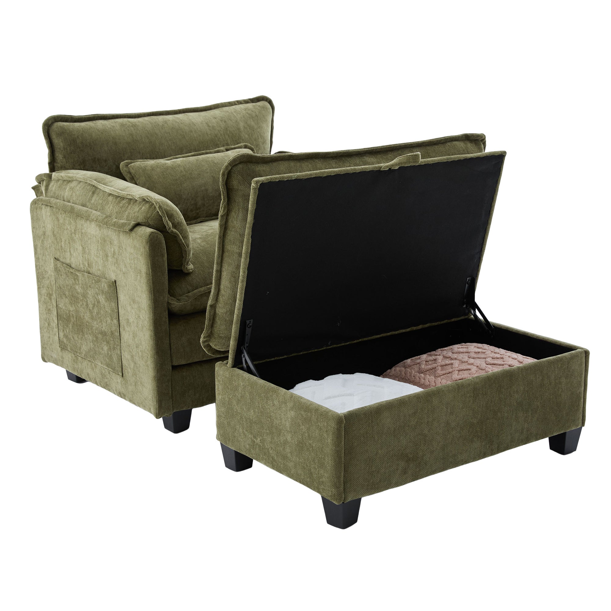 Fauteuil Relax , 3 Places Avec Coussins Et Accoudoirs À Poches Revêtement Chenille Vert - 9