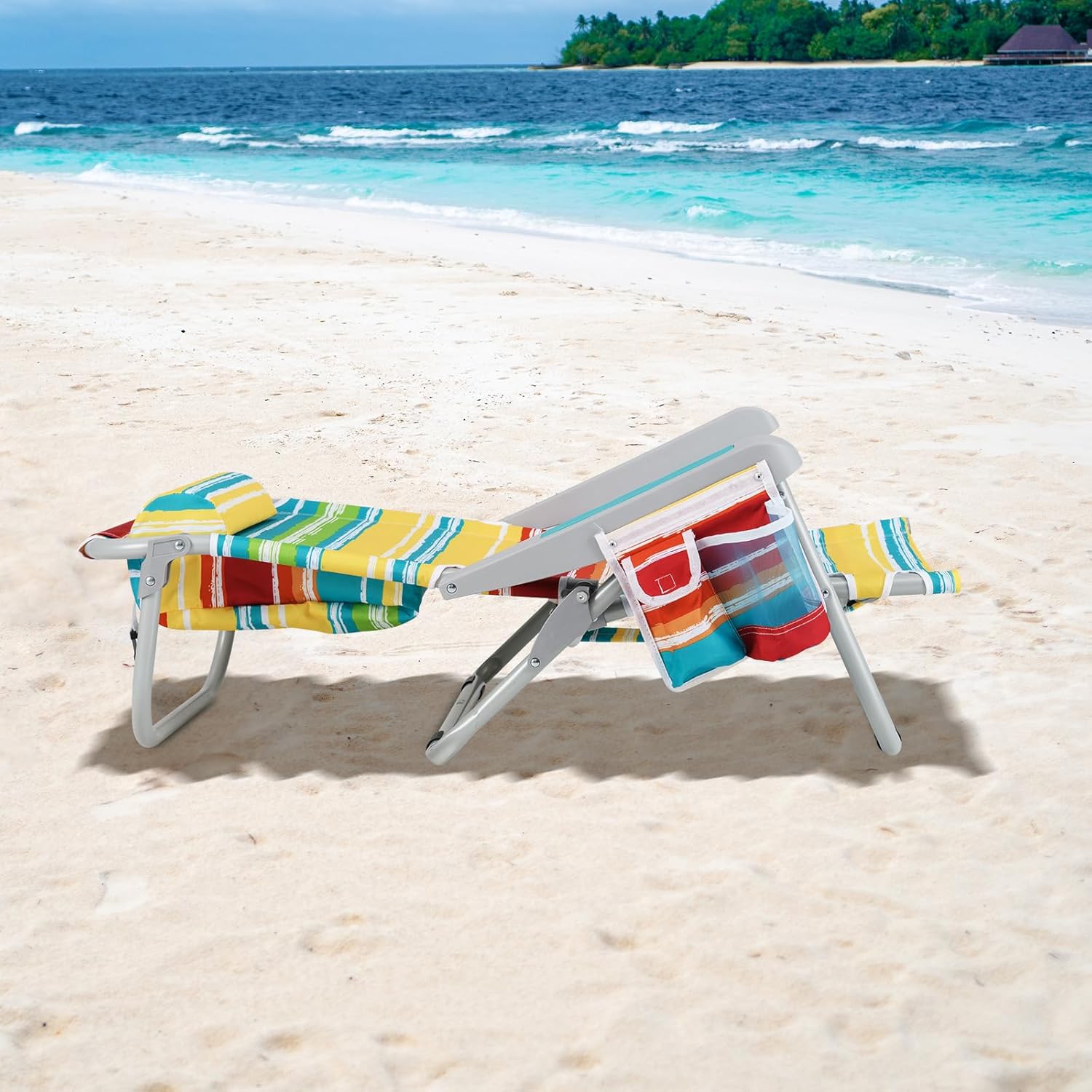 Cadeira de praia dobrável, porta-copos, porta-toalhas, almofada para a cabeça, carga máxima de 150 kg (62 x 54 x 80 cm, riscas azuis claras, 2) - 9