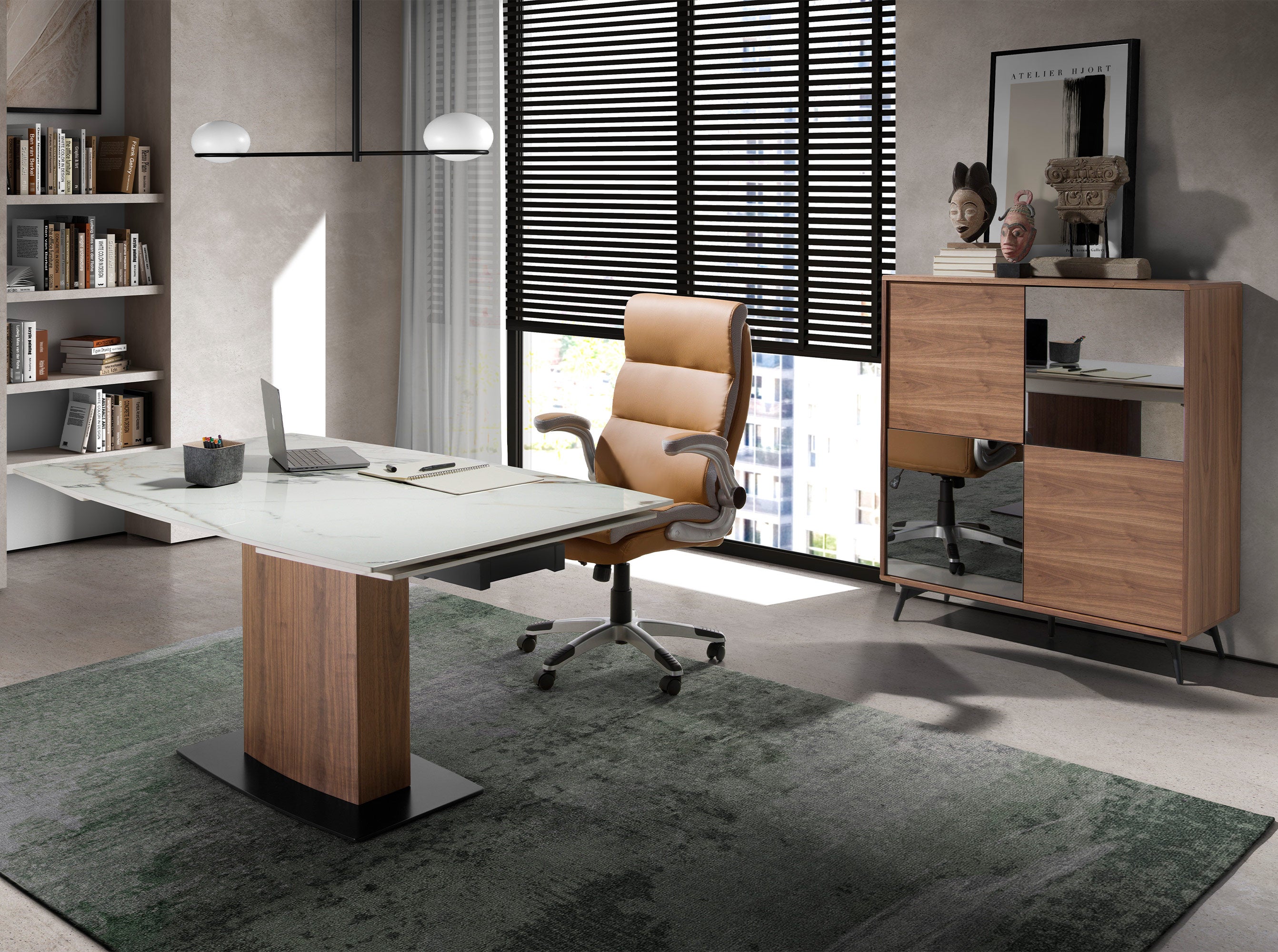 Mesa comedor extensible ovalada barril mármol porcelánico y nogal Ø160 x 100 x 76 cm - 4