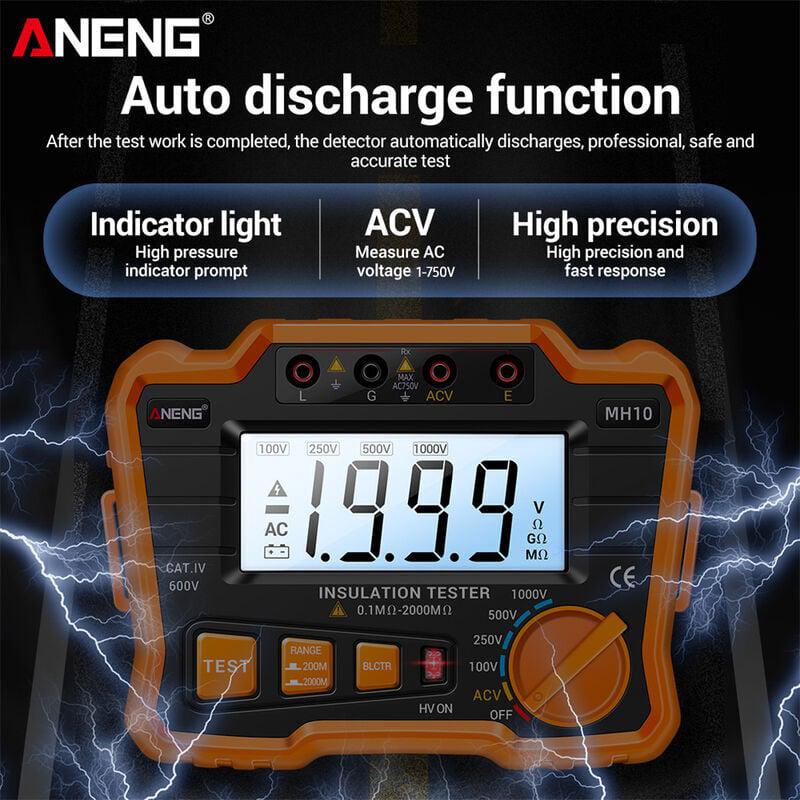 MH10 Testeur de résistance d'isolement numérique 0,1 MΩ-2000 MΩ Mégohmmètre rétroéclairé LCD Tension de sortie 100/ 250/ 500/ 1000 V Mètre de résistan - 2