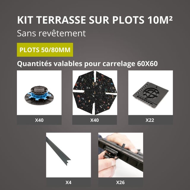 Kit Terrasse sur Plots Sans Revêtement 10M² - Finition Gris Anthracite - 50/80 mm - JOUPLAST