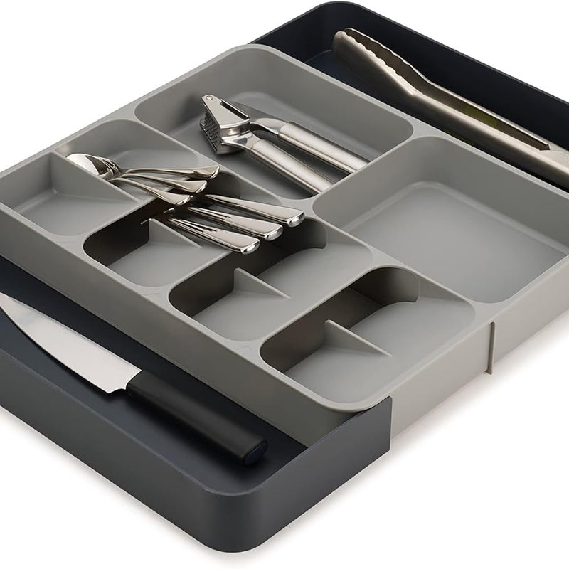 Rozszerzalny organizer do szuflady kuchennej – tacka na sztućce – przybory i akcesoria – szary