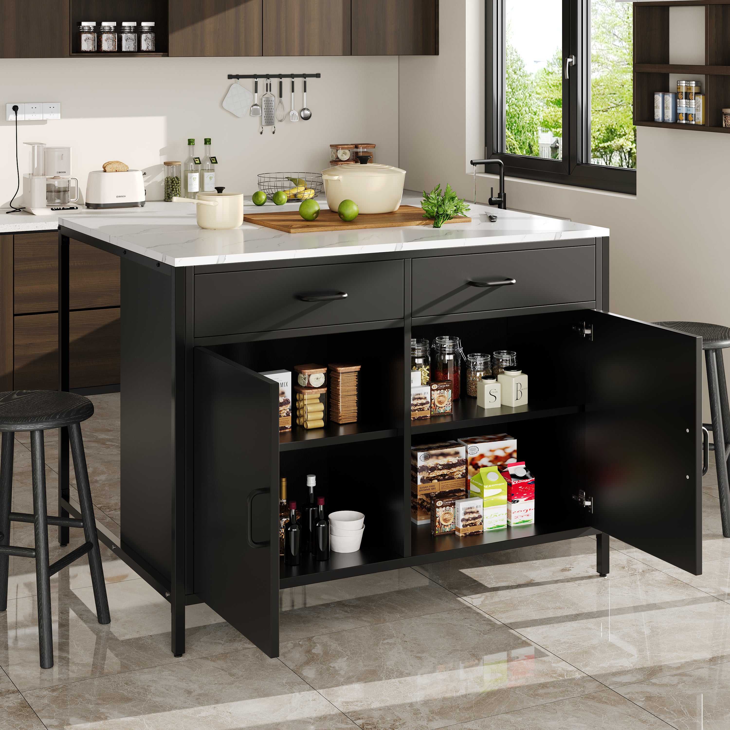 Mesa alta con cajones y tablero efecto mármol - mdf y metal - negra (100x90x90cm)
