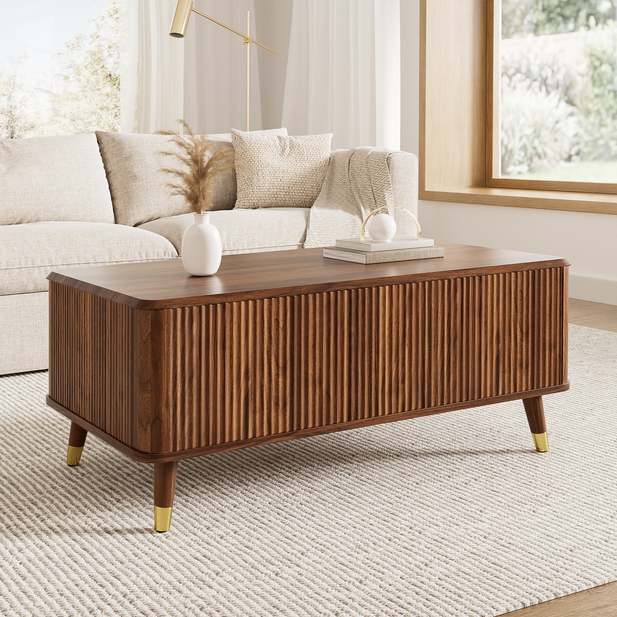 Table basse avec plateau relevable - 97 x 52 x 56,5 cm - MDF et bois massif - Noyer - Design rétro moderne à motif ondulé - 7