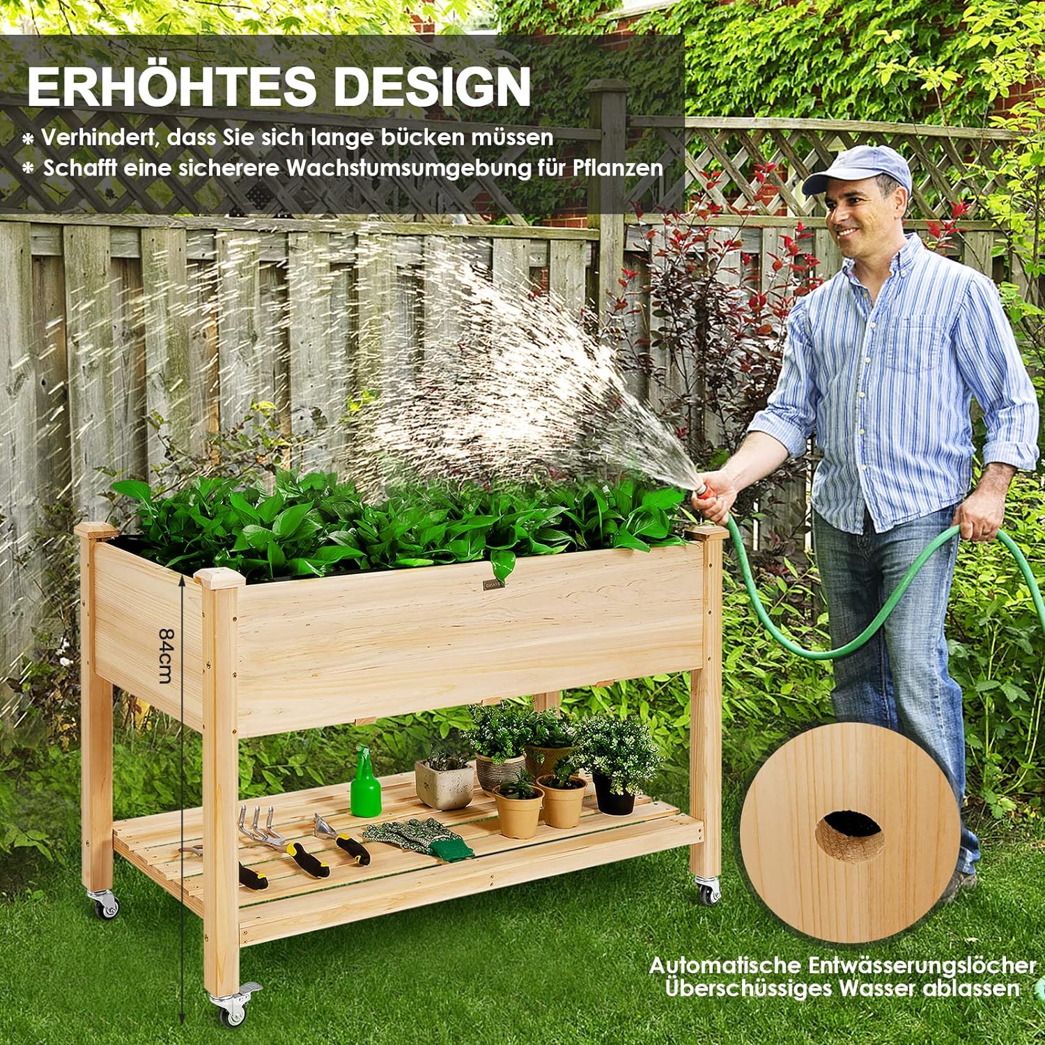 Lit Surélevé avec Roulettes, Lit de Jardin en Bois de Sapin avec étagère & Trous D'écoulement,Naturel, 120 X 59 X 84 cm - 7