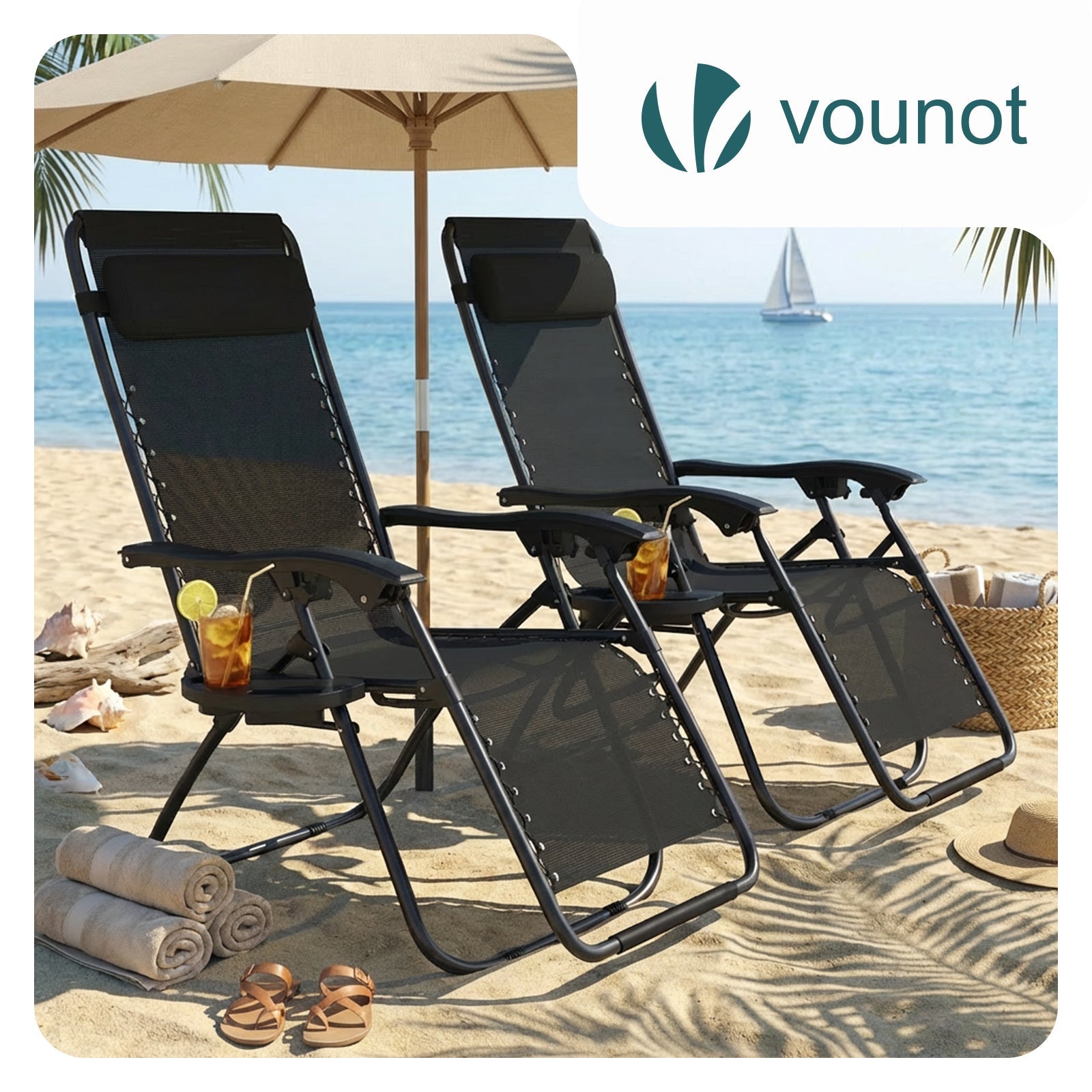 Chaise Longue inclinable en testilene avec porte gobelet et portable Noir Lot de 2 VOUNOT® - 7