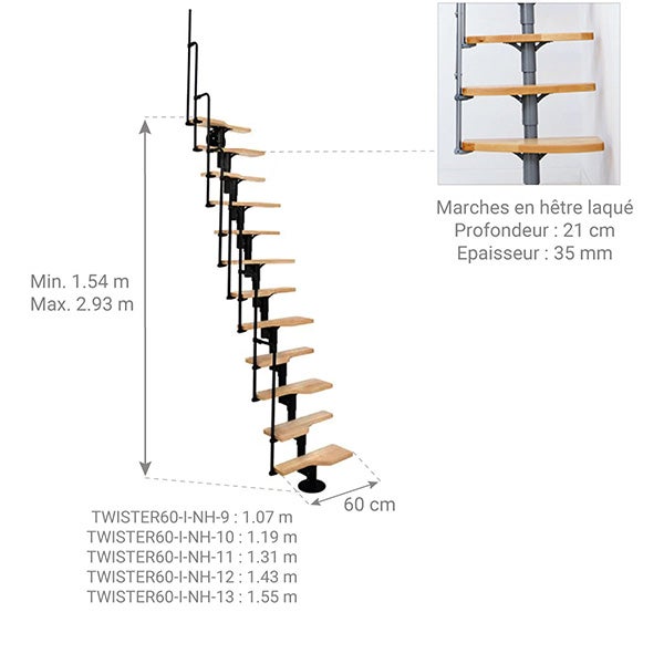 Escalier droit 12 marches - Hauteur à franchir 2.23 à 2.94m - Noir et Hêtre - TWISTER60-I-NH-12 - 2