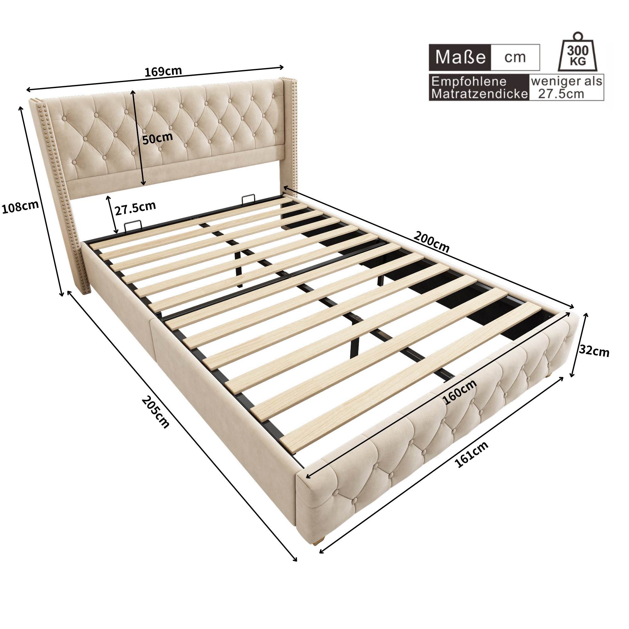 Cama para adultos 160 x 200 cm con cabecero - terciopelo - decoración con botones y remaches - beige claro - 5