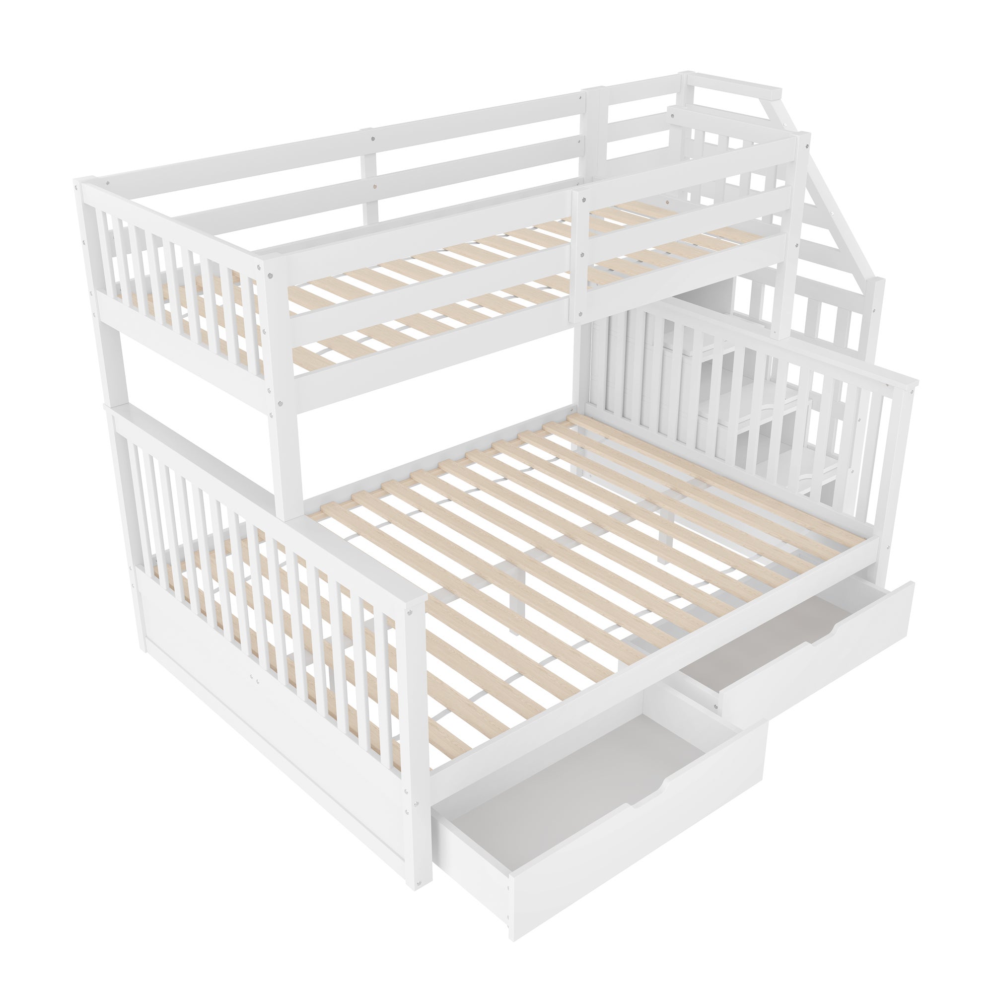 Lit superposé enfant 90x200cm et 140x200cm avec 2 tiroirs et un escalier de rangement, bois, blanc - 6