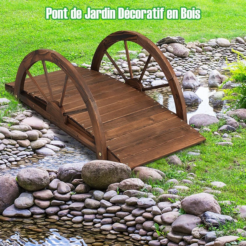 Drewniany Mostek Ogrodowy 100 cm, Łukowaty Mostek z Jodły Karbonizowanej z Bezpieczeństwem w Kształcie Koła, Wykończenie Zabarwione