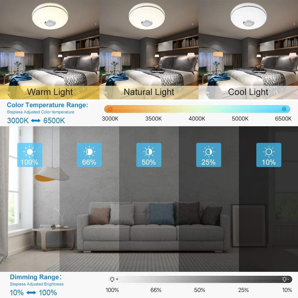 Plafonnier LED 36W avec haut-parleur Bluetooth, installation encastrée LED RGB, télécommande intelligente pour le changement de couleur.30cm - 3