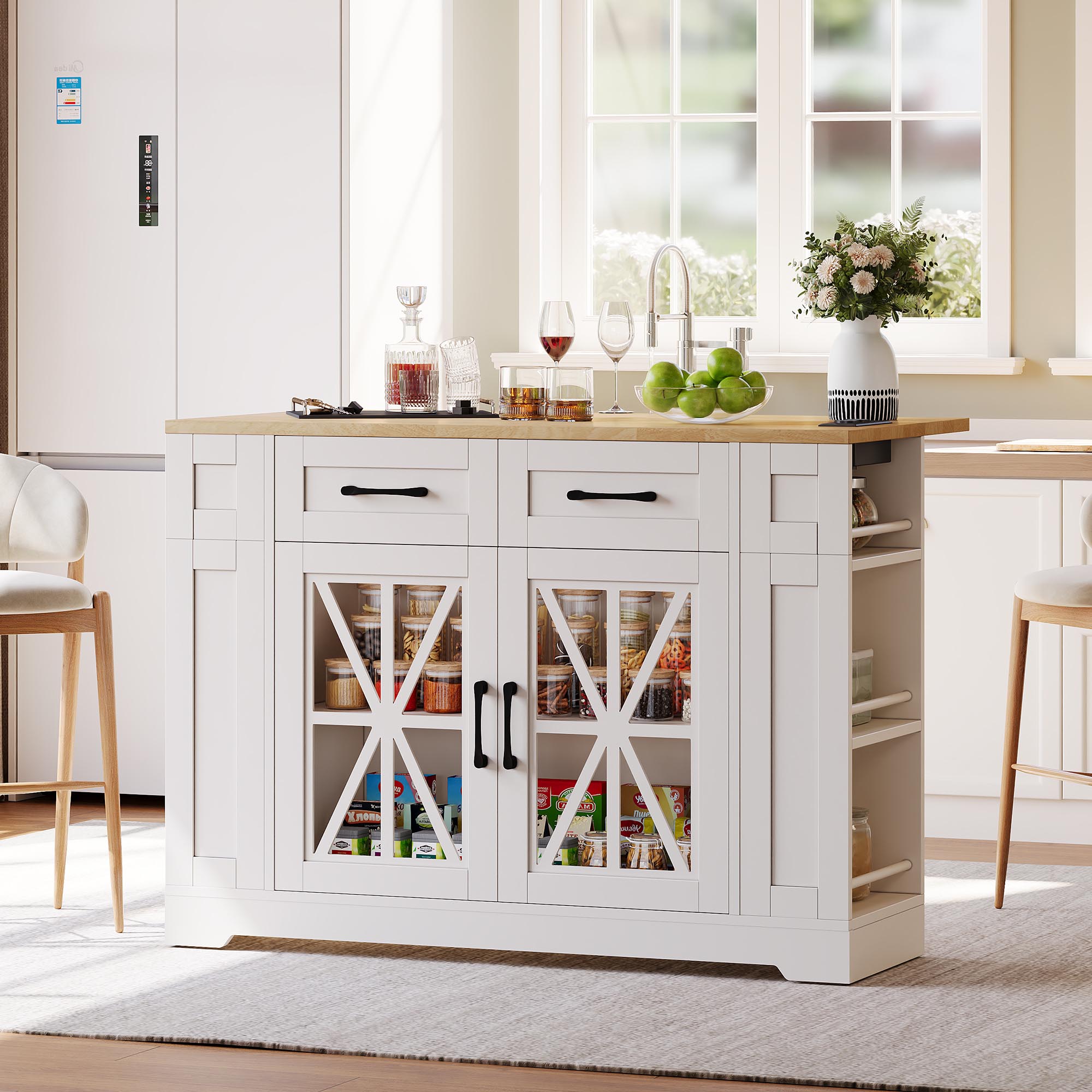 Isla de cocina portátil de 120 cm con mesa de comedor abatible, puertas de vidrio, puertos ac y usb, estantes ajustables, ruedas para cocina