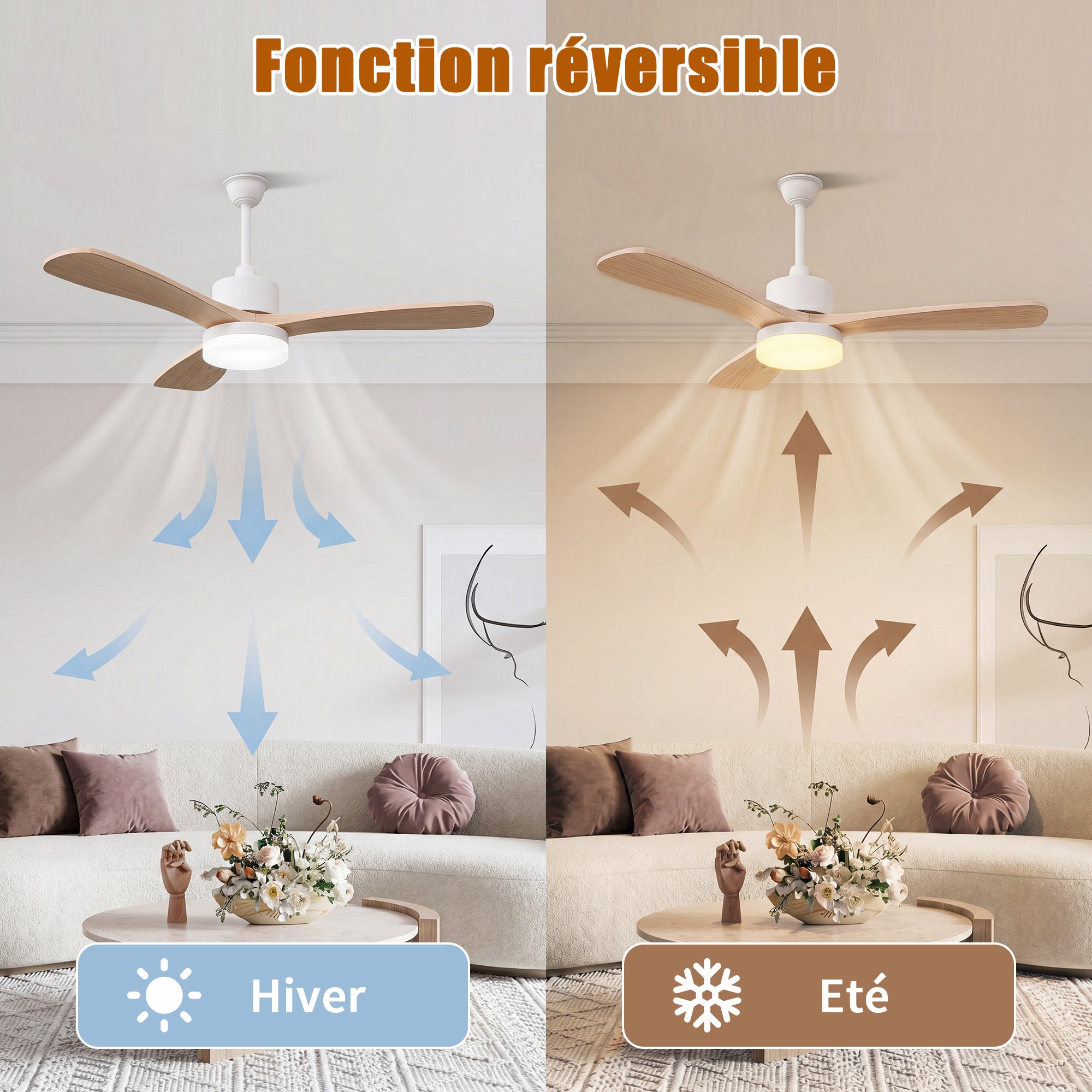 Ventilateur de plafond 2-en-1 couleur bois naturel avec éclairage LED (modèle à 3 pales de 42 pouces en bois massif), L106.6cm - 8