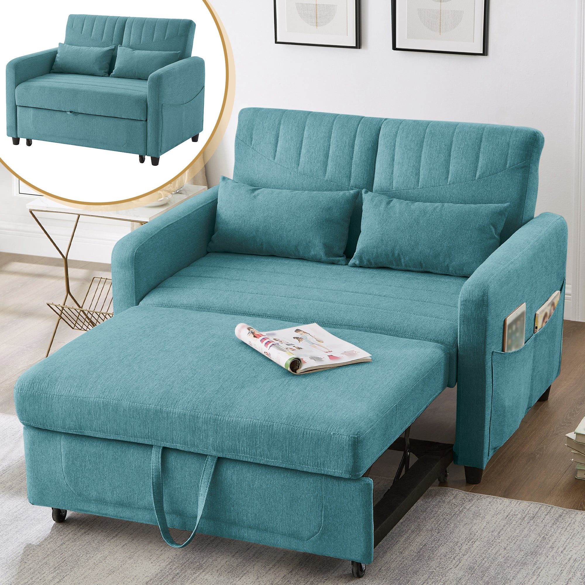 Sofa 2-osobowa rozkładana z 3-stopniową regulacją oparcia - 114 x 77 x 82,5 cm - Tkanina bawełniano-lniana - Niebieska - 3