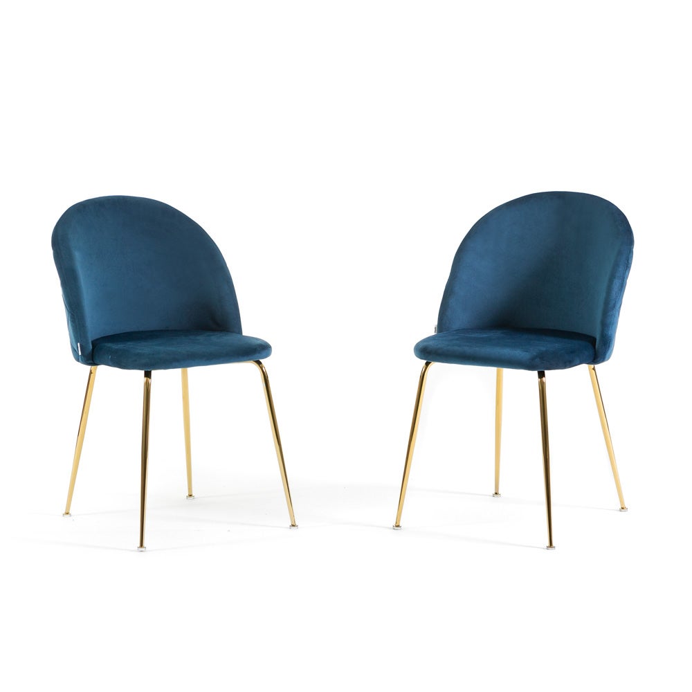 Conjunto de 2 sillas acolchadas sara de terciopelo azul y patas de metal dorado