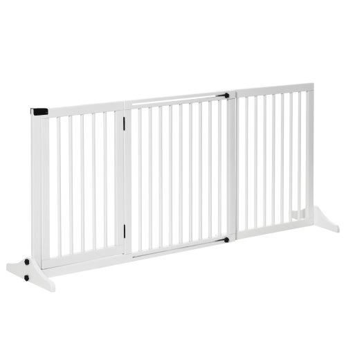 Barrera de protección para perro, rejilla de protección libre con puerta de madera, blanca, 113-166x36x71 cm– comfortxl