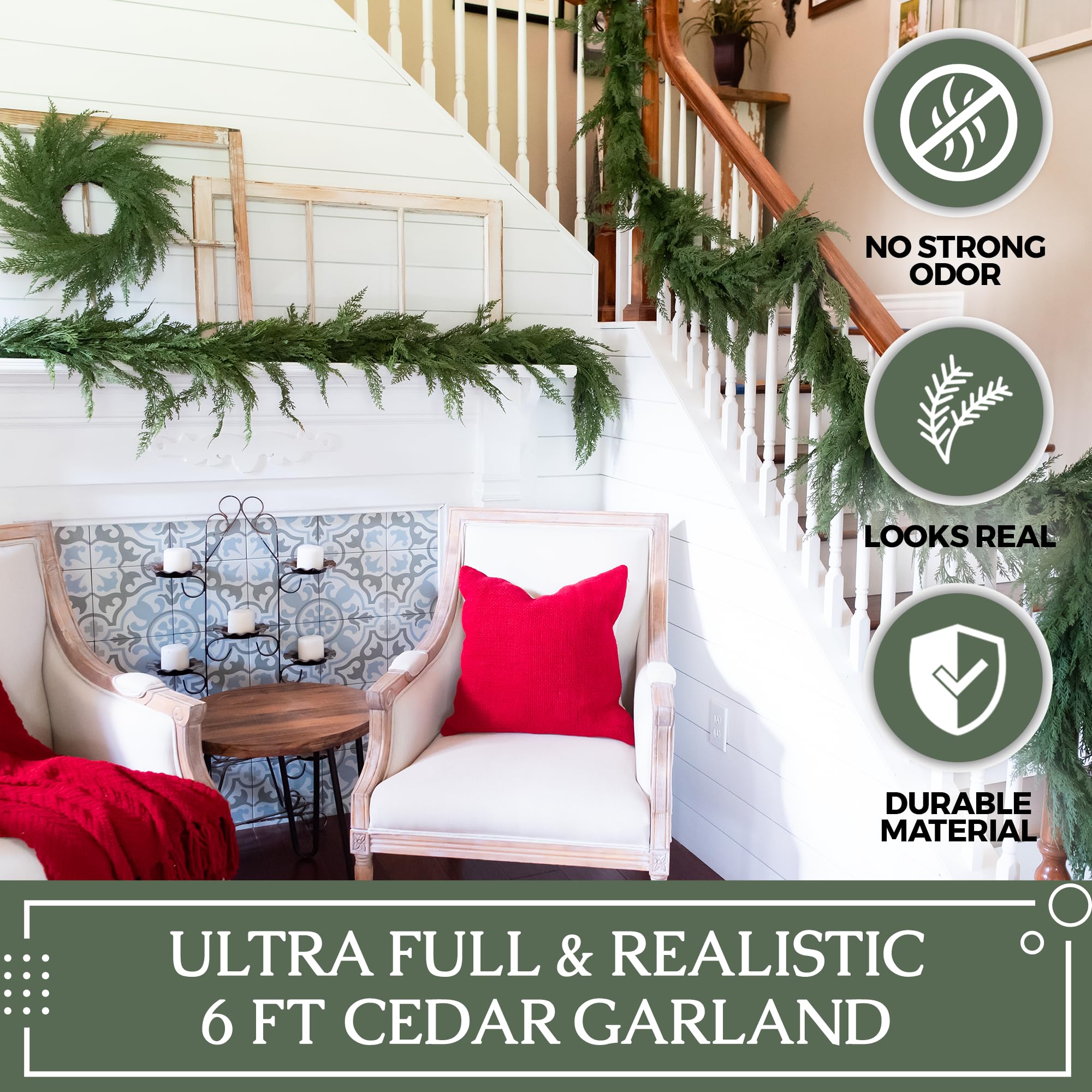 Ghirlanda natalizia con foglie di pino e cipresso da 180 cm (60 maglie), decorazione realistica con ghirlanda di pino adatta per decorazione natalizia - 4