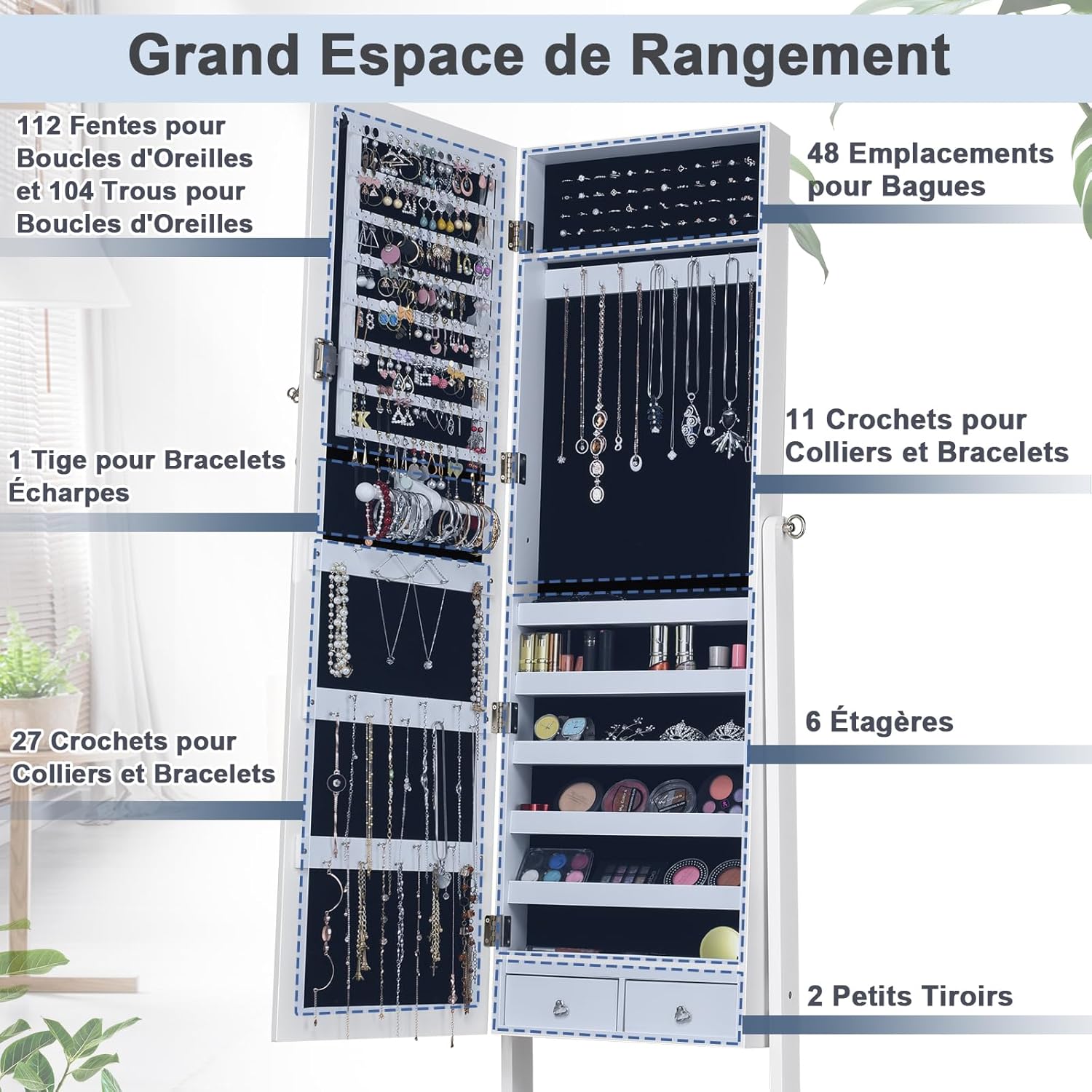 Armoire a Bijoux sur Pied avec Miroir Inclinable en 4 Positions, Armoire de Rangement Cosmetiques Verrouillable de Grande Capacite avec 6 Etageres - 3