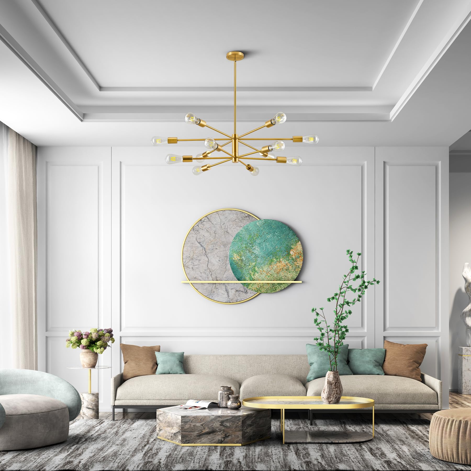 Nowoczesna lampa sufitowa, prosty, żelazny żyrandol molekularny w stylu retro, 12 głowic, kolor miedziany, bez źródła światła, E27 - 7