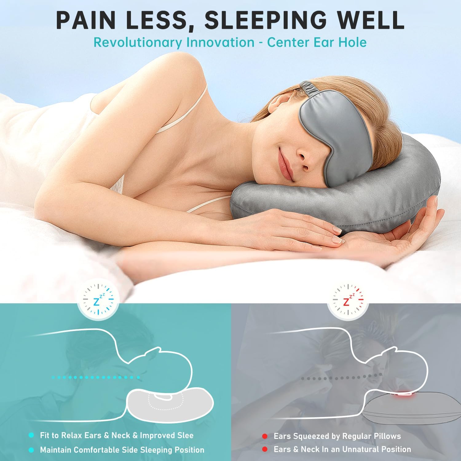Coussin de piercing d'oreille pour les personnes dormant sur le côté – Oreiller de piercing en satin soyeux et masque pour les yeux avec trou d'oreill - 3
