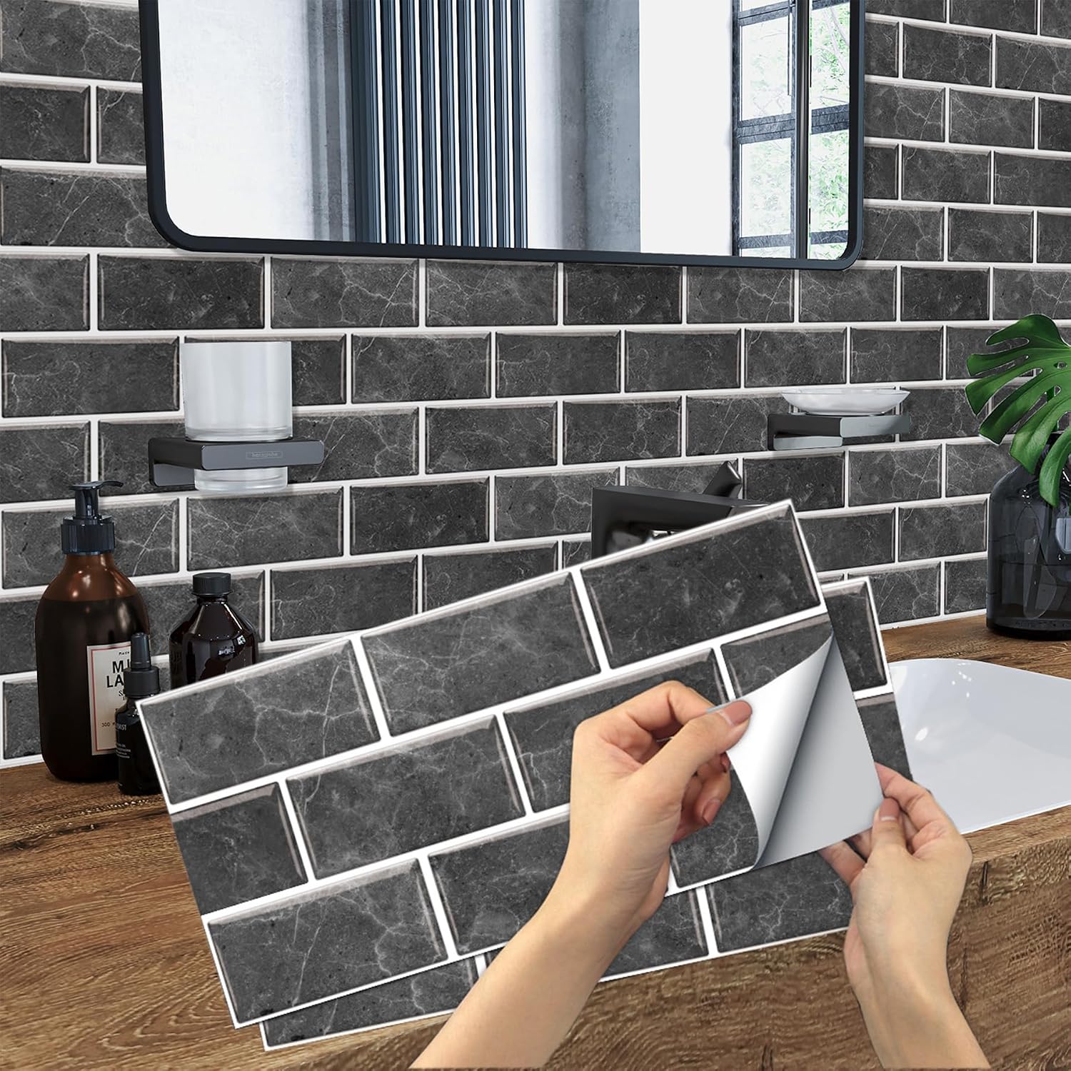 12-Sheet Black Peel and Stick Wallpaper, Subway Tile 6''x12'' Self ...