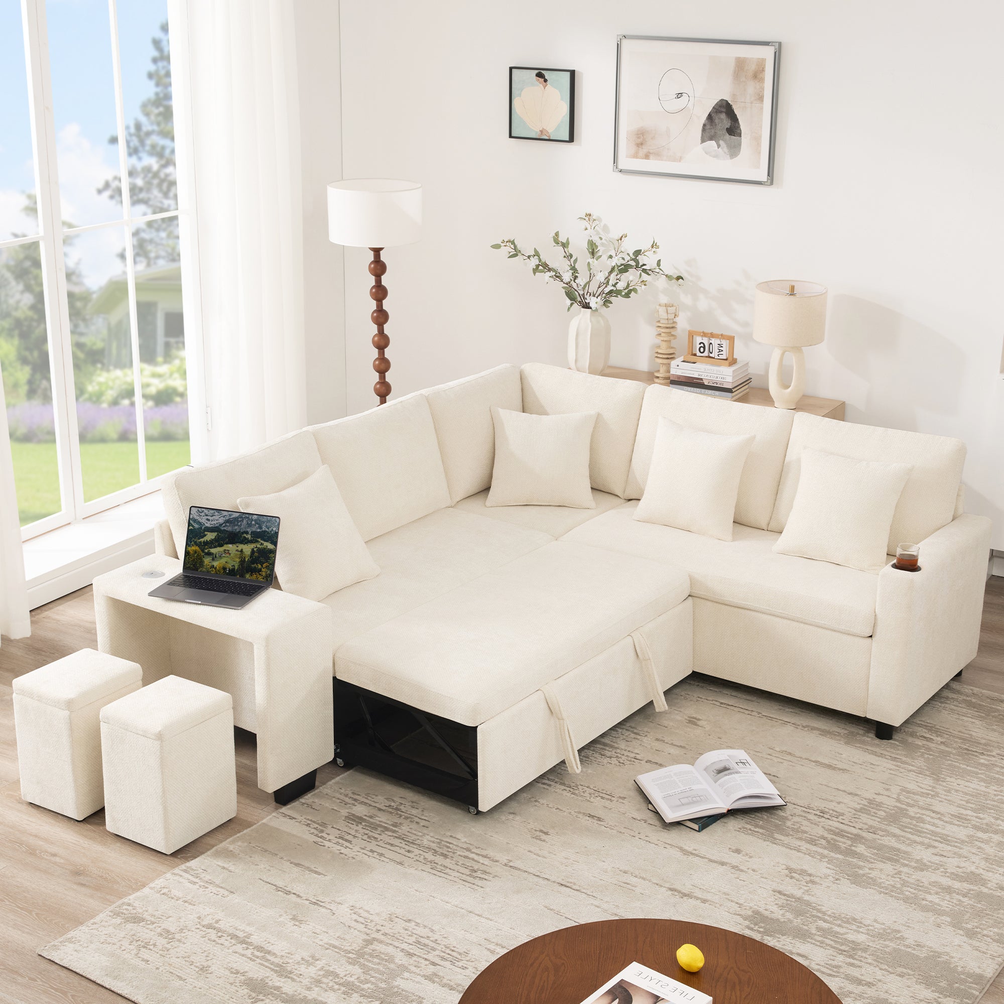Canapé d'angle modulable 5-7 places avec pouf et rangement - 220 x 205 x 86,5 cm - Chenille - ports USB et USB-C - méridienne réversible - Beige - 2