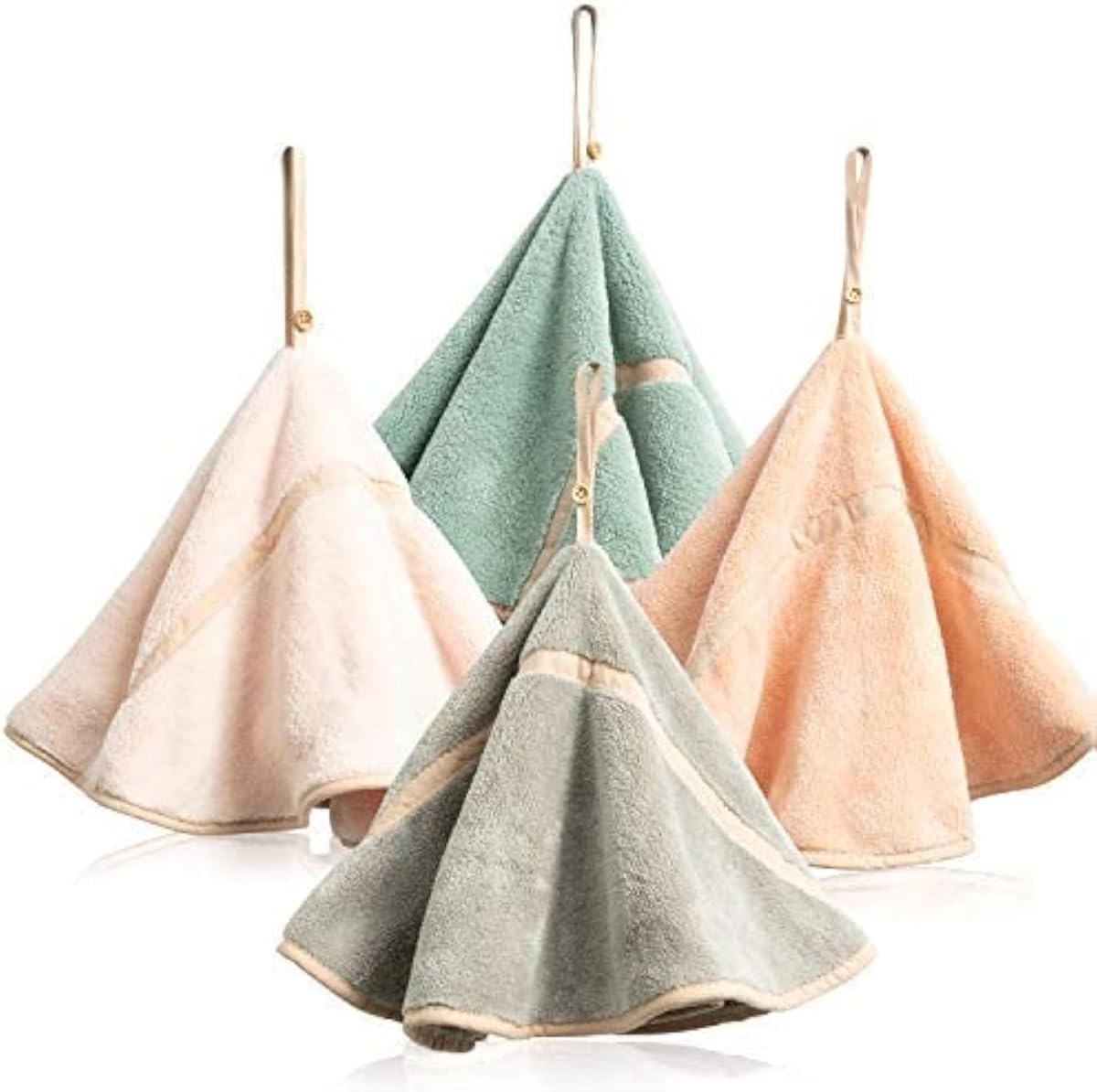 Lot de 4 essuie-mains ronds à suspendre avec boucle de suspension en polaire corail absorbants, doux et épais (4 couleurs-C) (4 couleurs-C