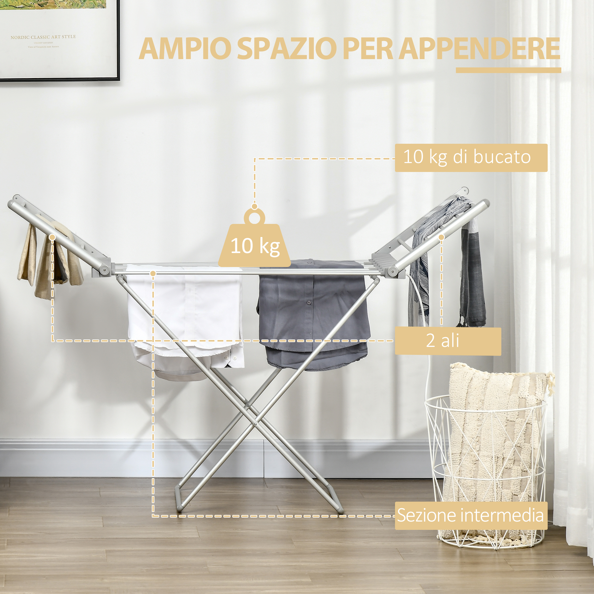 HOMCOM Stendino Elettrico Riscaldato con Ali Pieghevole Salvaspazio in Lega di Alluminio, 144x53x91cm, Argento - 3