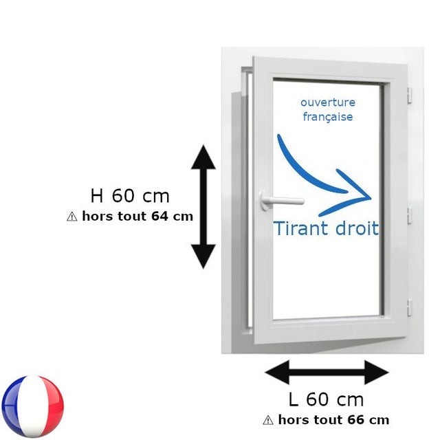 Fenêtre PVC 1 vantail H 60 x L 60 cm OF pour pose en neuf avec poignée - tirant droit