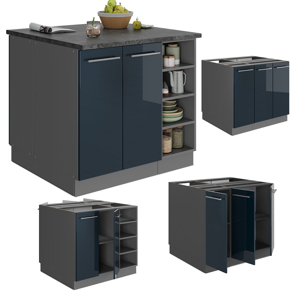 Vicco îlot de cuisine Fame-Line, Bleu foncé brillant/Anthracite, 90cm sans PT - 6