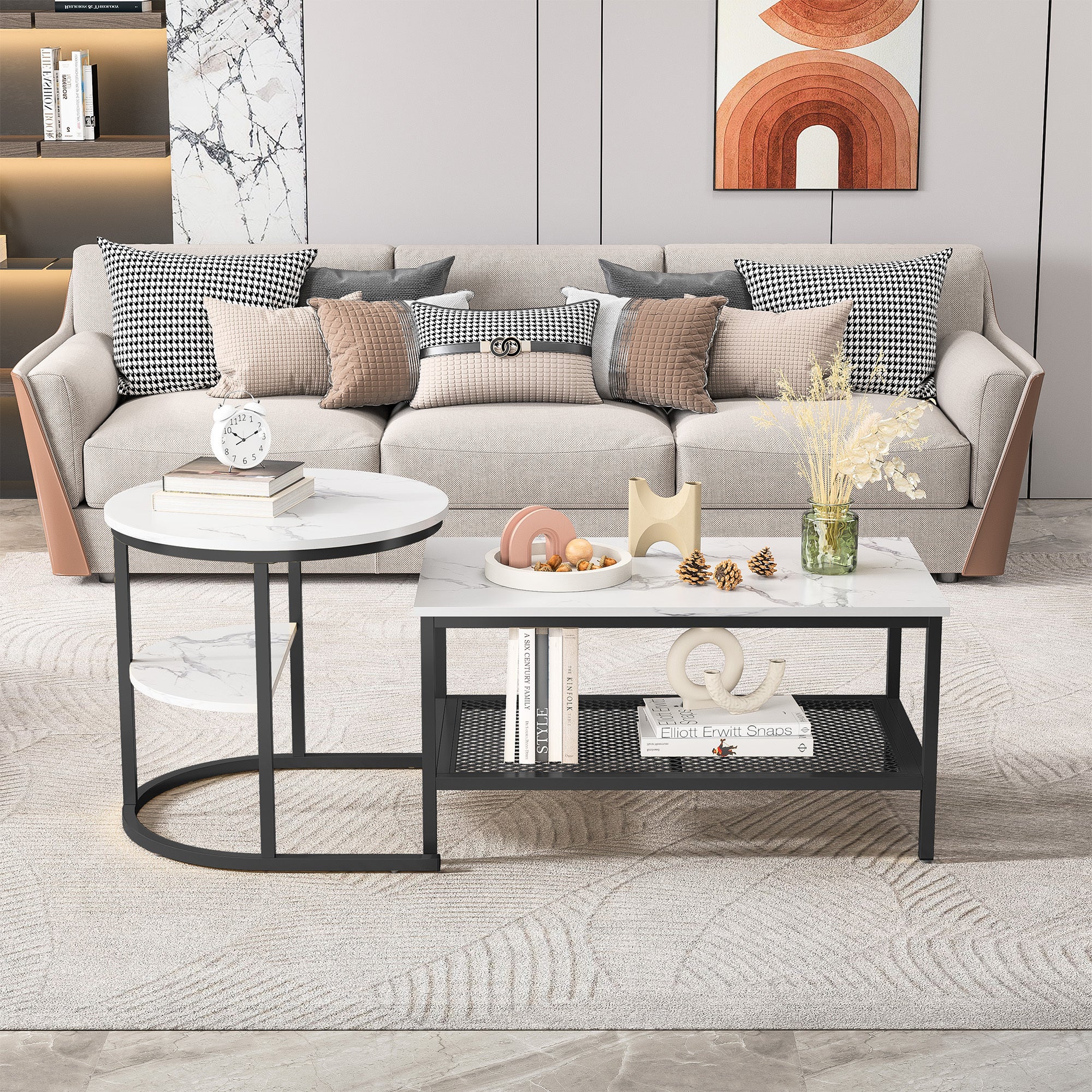 Table basse, 2 pièces, plateau plaqué marbre, design divisé, avec étagères de rangement, table d'appoint - 2
