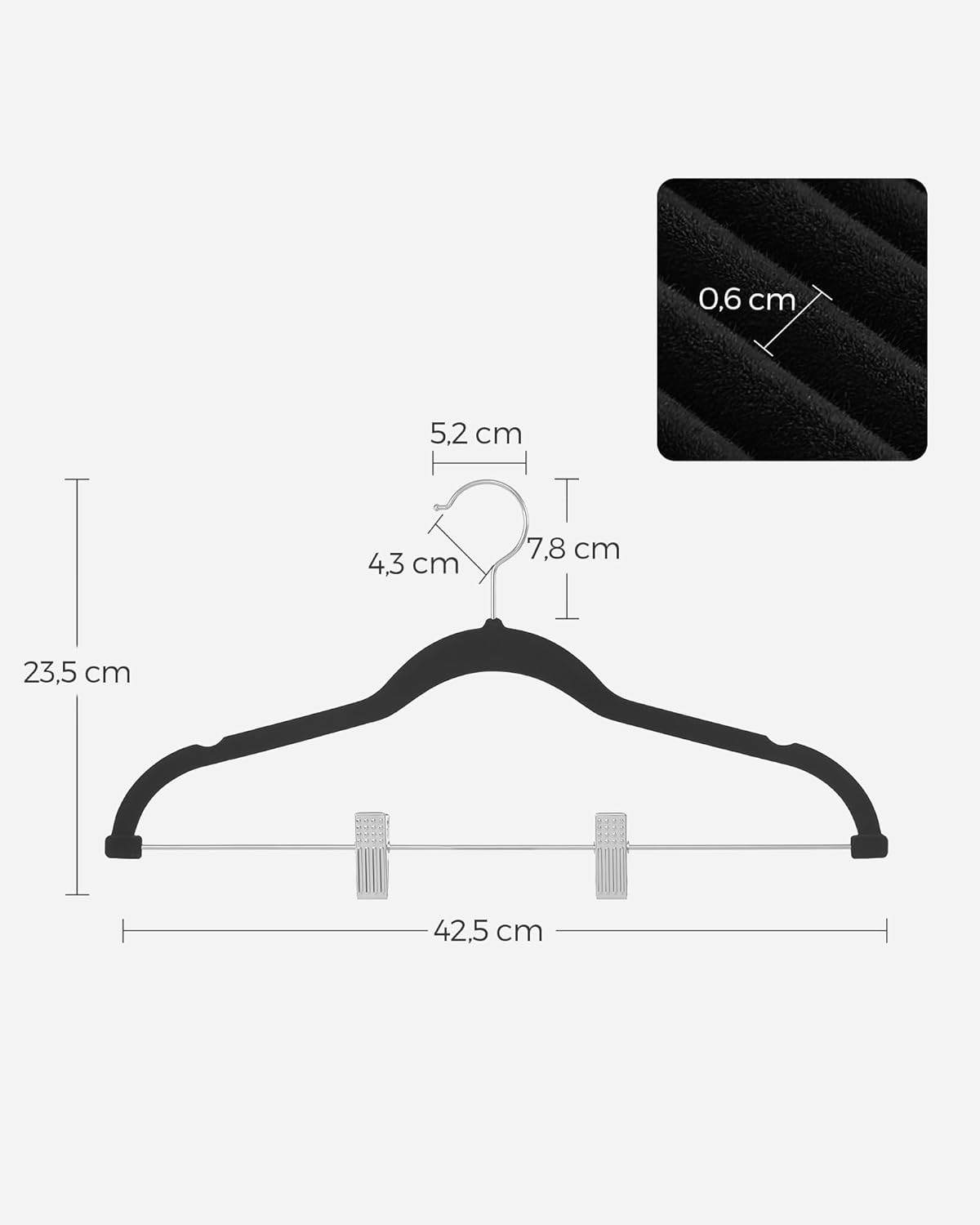 Lot de 10 cintres velours noirs 42,5 cm pour pantalons, manteaux, robes, pinces réglables, antiglisse, gain de place, organiseur pratique - 2