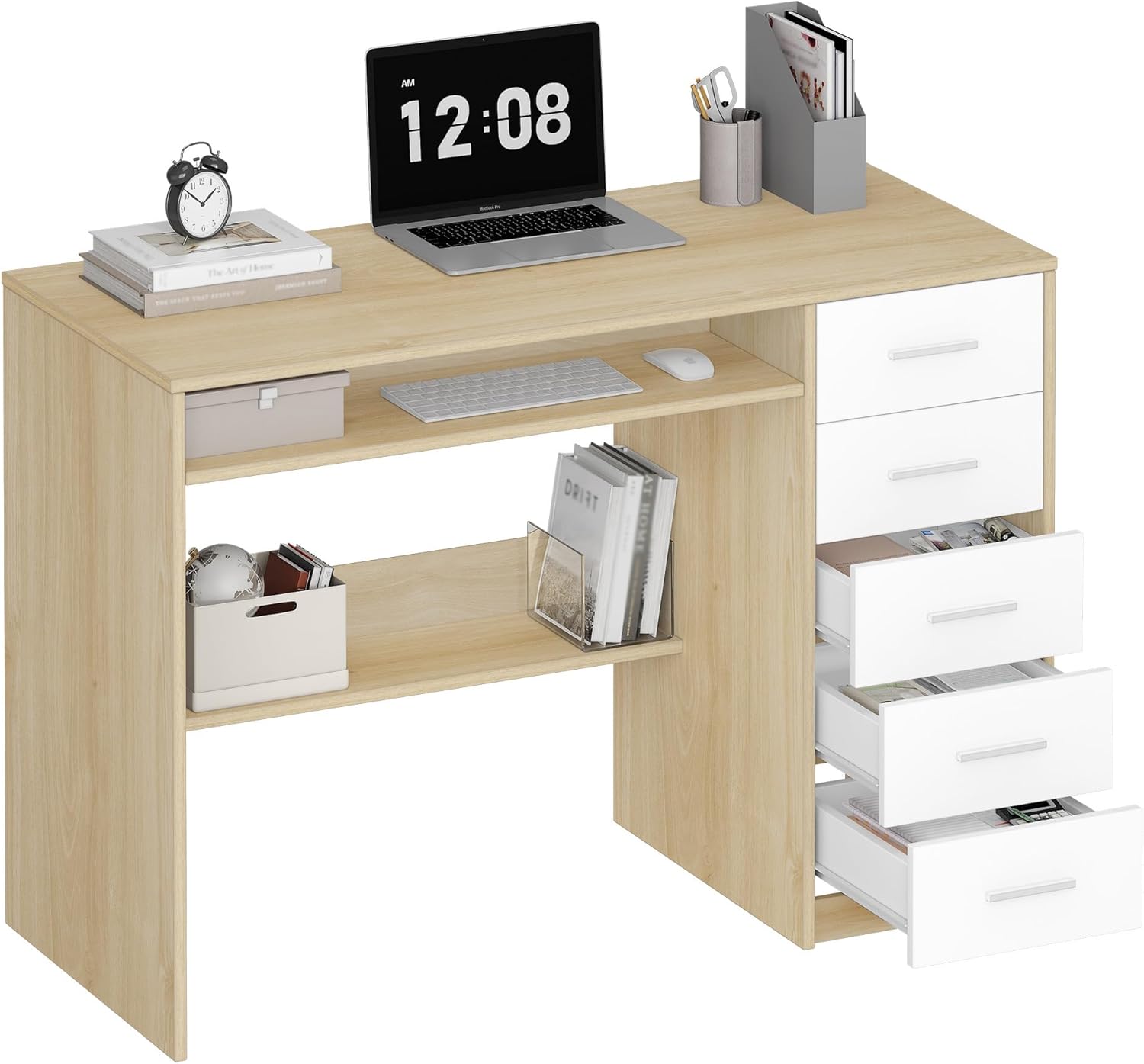 Bureau, Bureau avec 5 Rangement, Table Informatique au Design Minimaliste, Table d'ordinateur de Style Moderne,pour Études, Chêne Sonoma + Blanc - 8