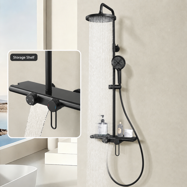 Colonne de Douche Noire avec Mitigeur et Tablette 40 cm, Pommeau Rond 25 cm, Douchette 5 Jets, Bec Cascade, Hauteur Réglable, Sans Perçage
