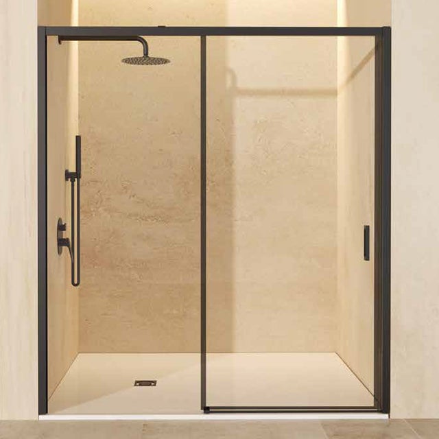 Mampara Ducha Frontal 1 Fijo + 1 Puerta Corredera | Vidrio Templado 6mm Antical | Altura 195cm | Perfil Negro Mate 160cm (adap. 156,1-161)