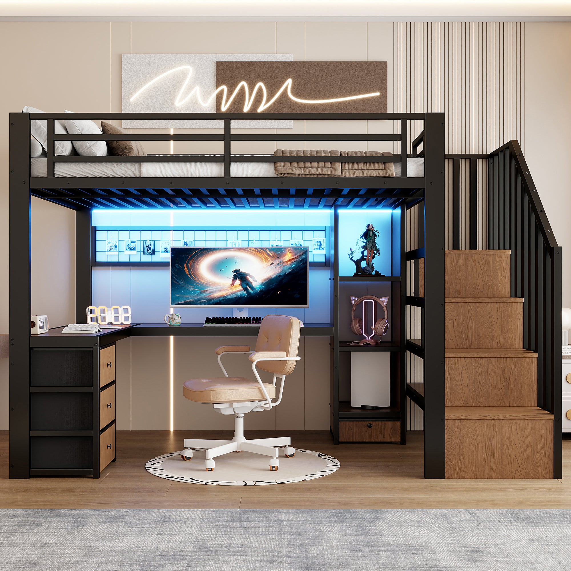 Lit mezzanine 90 x 200 cm avec bureau intégré, Lit simple structure en fer avec penderie LED, 4 tiroirs et escalier de rangement, sans matelas, Noir - 3